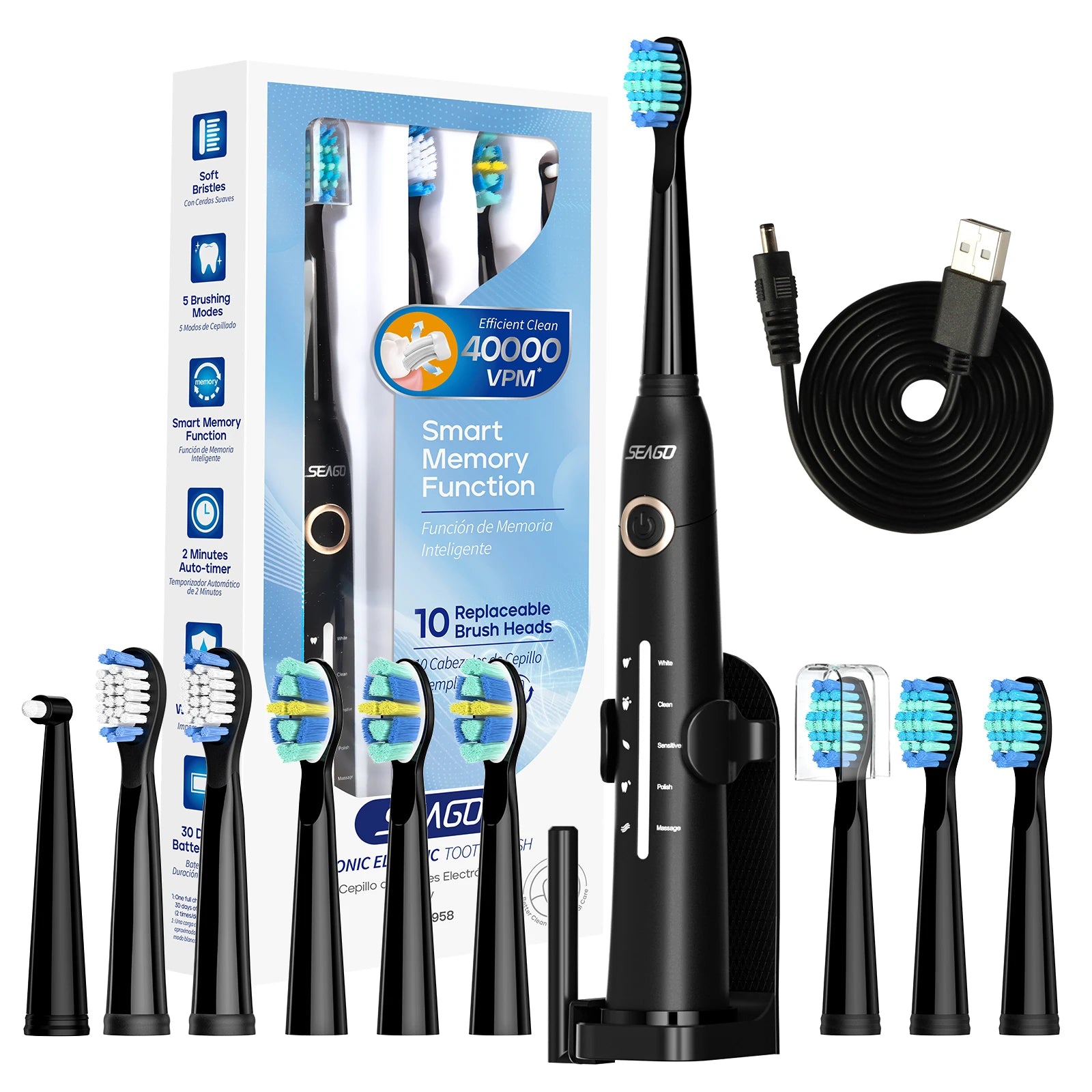 SeagoBrush USB – Brosse À Dents Électrique Rechargeable + 10 Têtes