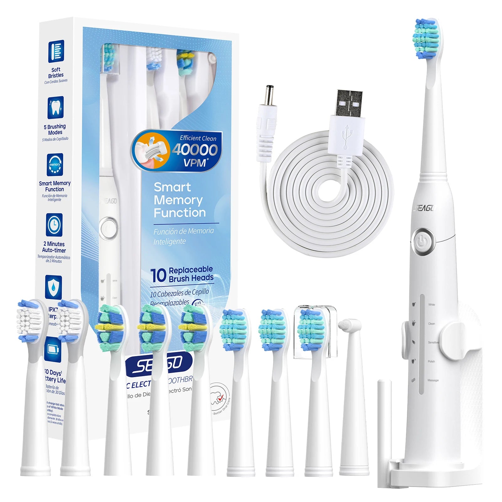 SeagoBrush USB – Brosse À Dents Électrique Rechargeable + 10 Têtes